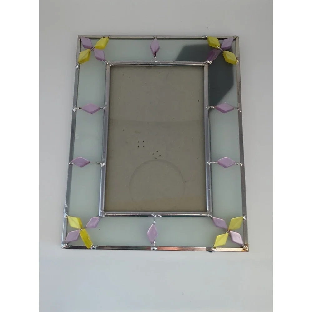 Vintage Stained Glass Photo Frame Purple Yellow Beaded Tabletop 4x6 Rectangle